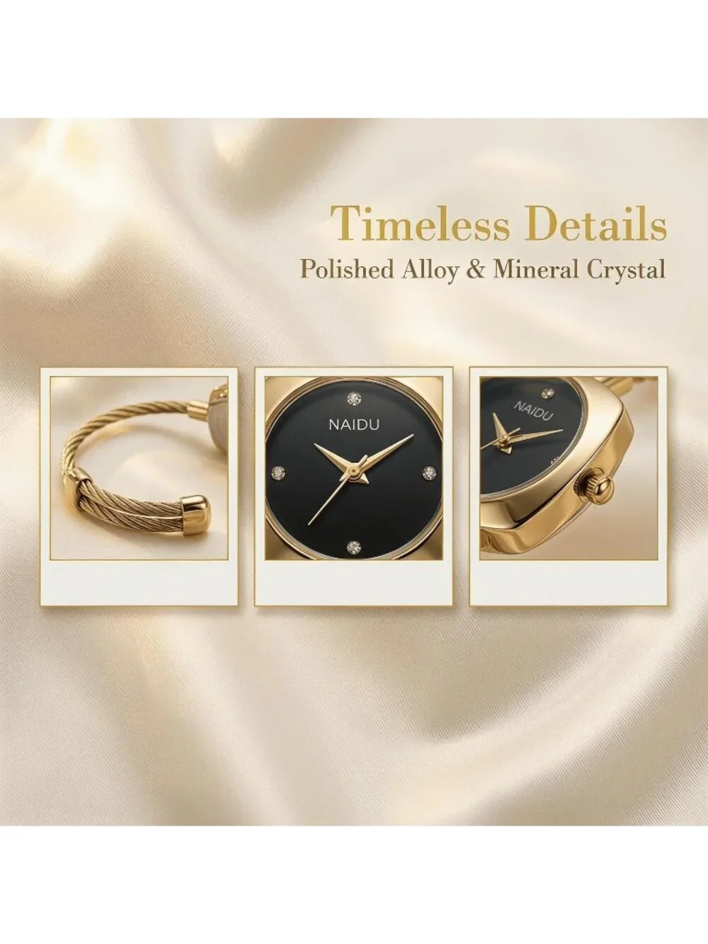 Women's Gold Black Crystal Accent Cable Wire Bangle Square Sunray Dial Watches